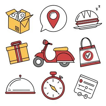 E-commerce delivery icons set with scooter, gift, food and location pin Stock Illustration