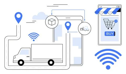 E-commerce Delivery Process with Online Shopping and Logistics Monitoring 스톡 일러스트