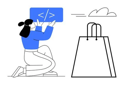 E-commerce developer working on code while imagining a shopping bag and cloud Stock Illustration