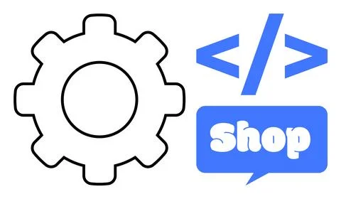 E-commerce Development and Digital Store Setup with Gear and Coding Symbol Illustrazione stock