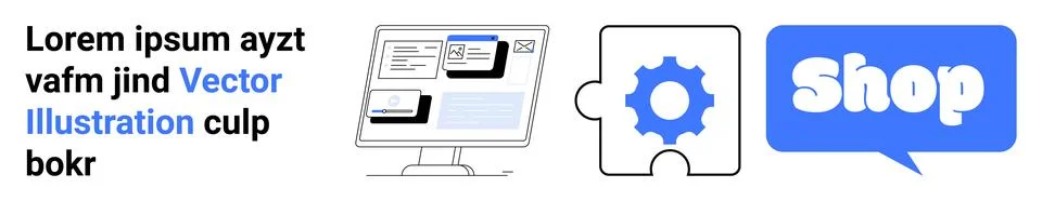 E-commerce Development Banner with Computer Screen Shop Puzzle Piece Stock Illustration