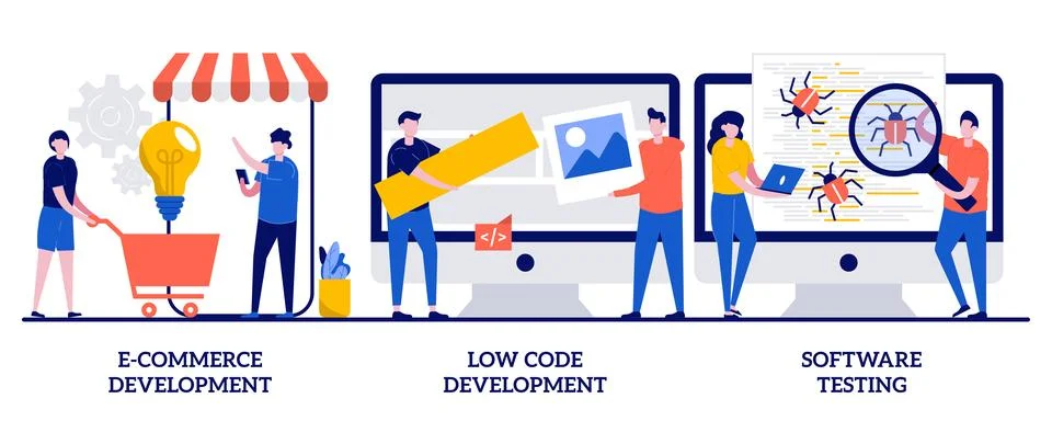 E-commerce development, low code development, IT software testing concept w.. Stock Illustration