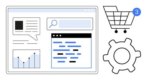 E-commerce, digital marketing, web development, SEO optimization, data analyt Illustrazione stock