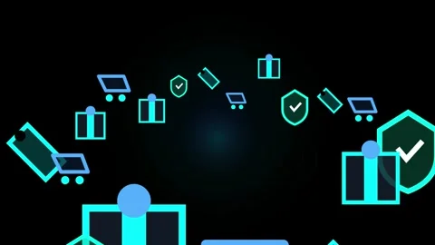 E commerce digital security icons moving in orbital motion over dark backgr.. Stock Footage 347267901