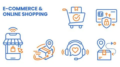 E-commerce digital shopping and delivery service icons with ecommerce, shoppi Stock Illustration