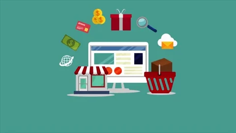 E-Commerce Ecosystem and Digital Desktop Shopping Animation 스톡 동영상 339344029