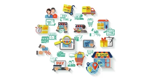 E-Commerce Ecosystem Logistics and Retail Shopping Flowchart Animation Stock Footage 339344028