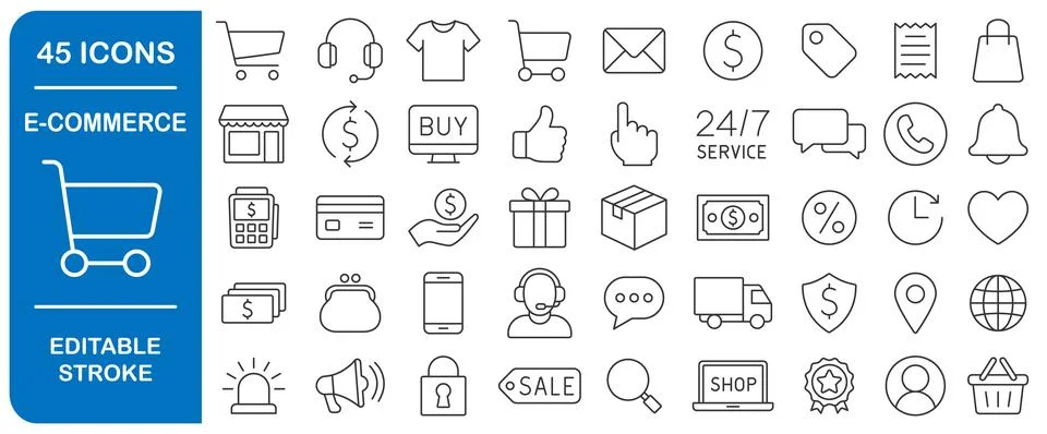 E-Commerce editable stroke line icon set. Online shopping thin line icons Stock Illustration