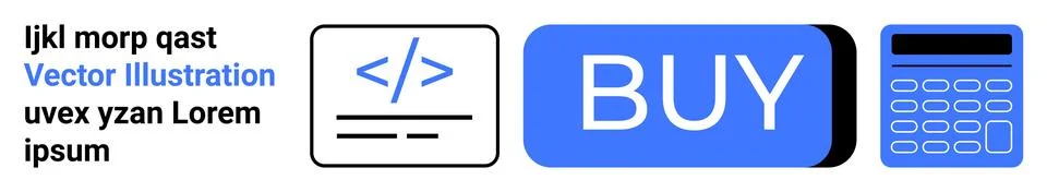 E-commerce Elements Code Icon, Buy Button, and Calculator in Blue and Black Illustrazione stock