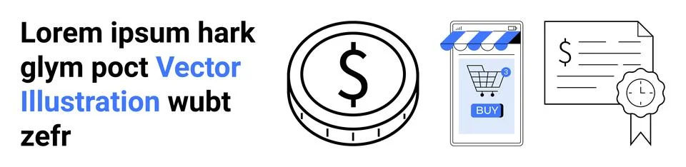 E-commerce Elements with Coin, Online Store, and Certificate for Digital Ma.. Stock Illustration