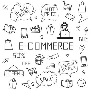 E-commerce elements doodle set, isolated on white background. Vector 스톡 일러스트