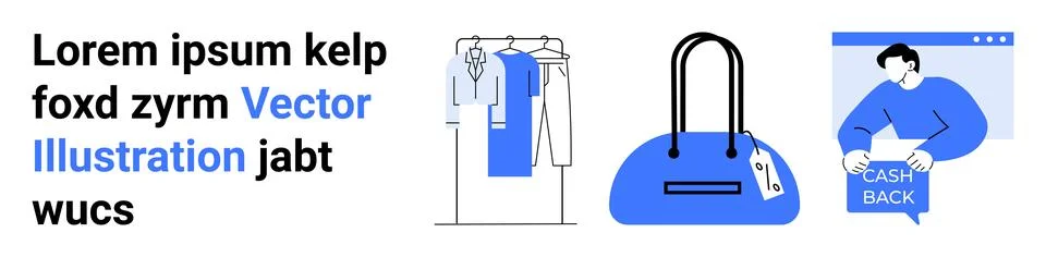 E-commerce Elements Featuring Clothing Rack, Blue Handbag, and Cashback Windo 스톡 일러스트