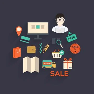 E-commerce elements in the form of cloud creative concept isolated vector ill Stock Illustration