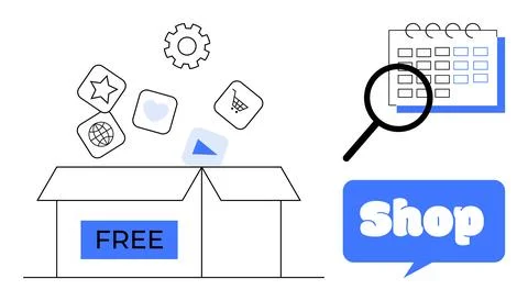 E-commerce Elements with Free Box Icon and Shopping Themes in Flat Vector Sty イラスト素材