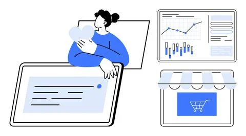 E-commerce elements including a character holding a heart, data analytics scr Illustrazione stock