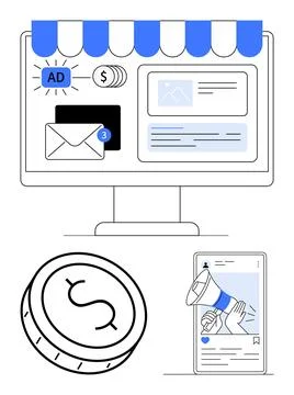 E-commerce Elements Online Storefront, Digital Advertising, Notifications, .. Illustrazione stock