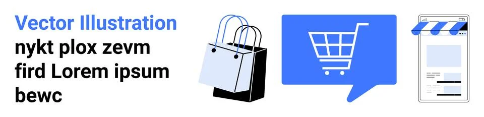 E-commerce Elements with Shopping Cart, Bags, and Storefront in Flat Design 스톡 일러스트
