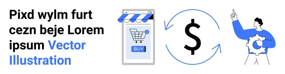 E-commerce Elements with Shopping Cart, Dollar Sign, and Person in Blue Illustrazione stock