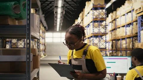 E-commerce female employee checking parcel details on clipboard Stock Photos