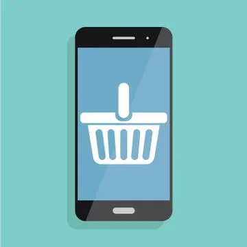 E-commerce flat design concept. Cart icon. Using mobile smart phone for online Stock Illustration
