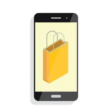 E-commerce flat design concept. Shopping bag. Cart icon. Using mobile smart Stock Illustration