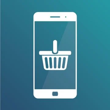 E-commerce flat design concept. Cart icon. Using mobile smart phone for online Stock Illustration