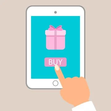 E commerce flat vector illustration. Man push buy button on tablet pc to Illustrazione stock