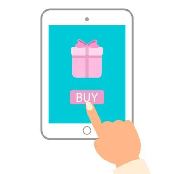 E commerce flat vector illustration. Man push buy button on tablet pc to Stock Illustration