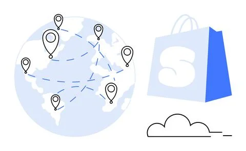 E-commerce Global Network with Shopping Bag and Cloud Storage Symbols Stock Illustration