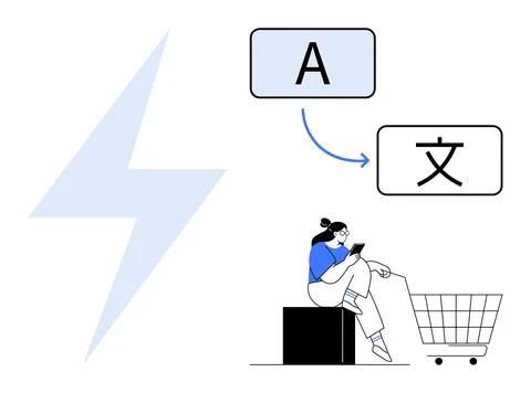 E-commerce, global trade, language translation, online shopping, multilingual Ilustración de archivo