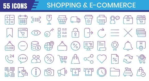 E-Commerce gradient outline icons set. Online shopping gradient outline ico.. Stock Illustration