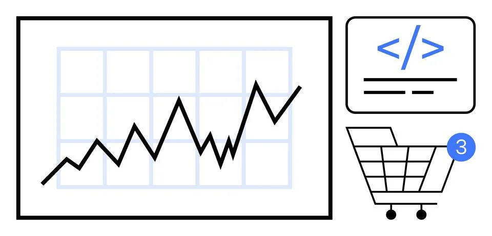 E-commerce growth with coding and development, shopping cart, and increasin.. Illustrazione stock