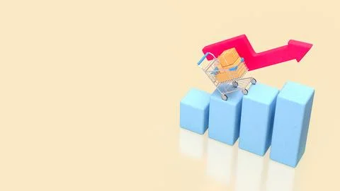 E commerce Growth Concept With Shopping Cart Rising On Bar Chart 3d render. Stock Photos