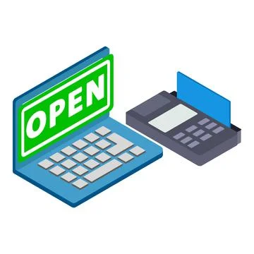 E commerce icon isometric vector. Laptop inscription open credit card reader Stock Illustration