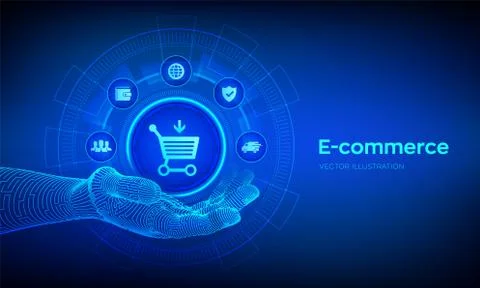 E-commerce icon in robotic hand. Internet shopping. Online purchase. Business Stock Illustration