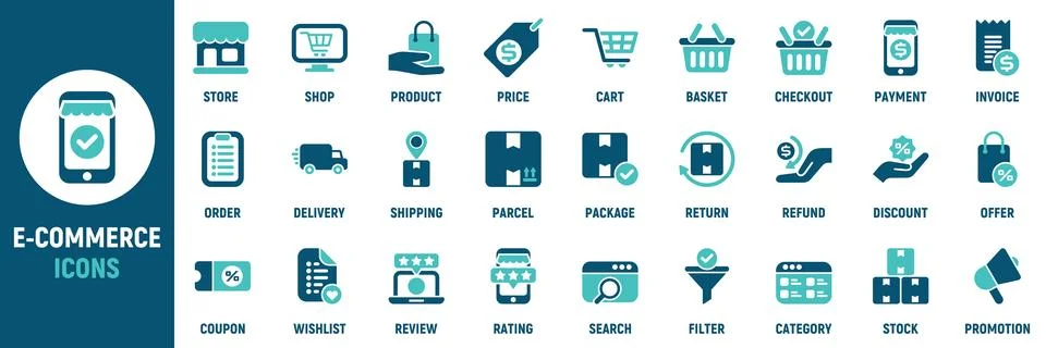 E-commerce icon set. Containing store, cart, basket Stock Illustration