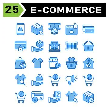 E commerce icon set include phone, smart phone, online, shop, bag, shipping,  Stock Illustration