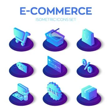 E-commerce icons set. Digital marketing. Online shopping. 3D isometric online Stock Illustration