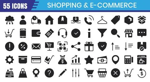 E-Commerce icons set. Online shopping glyph icon collection. Editable strok.. Illustrazione stock