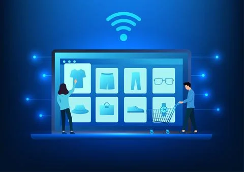 E-commerce industry Man and woman selecting products on laptop screen showi.. 스톡 일러스트