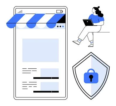 E-commerce interface with blue awning, security shield with padlock, woman us 스톡 일러스트