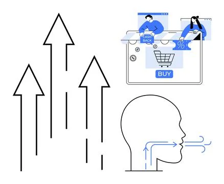 E-commerce interface with buy button, people browsing products, rising arrows Stock Illustration