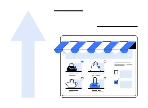 E-commerce interface displaying various handbags on a website with shopping c Illustrazione stock
