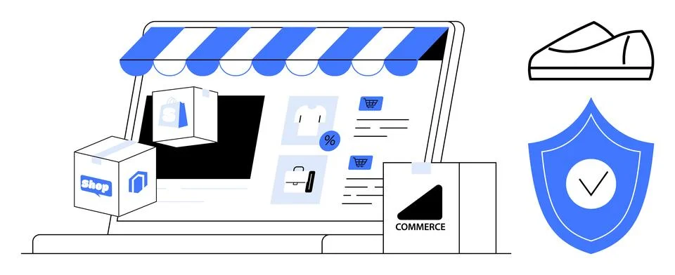 E-commerce interface, products, shopping cart, delivery box, shoe, security s Ilustração Stock