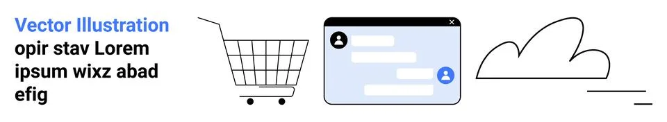 E-commerce Interface with Shopping Cart Icon, Chat Window, Cloud, and Text Ilustração Stock