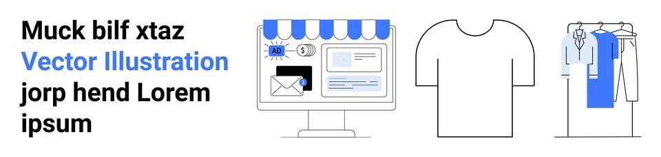 E-commerce interface with storefront on computer monitor, large T-shirt, and  Illustrazione stock