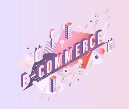 E-commerce isometric word design - letters with gradient on pastel background. Stock Illustration