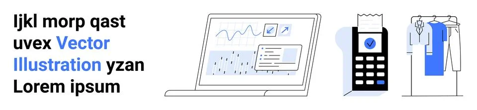 E-commerce Management Data Analysis on Laptop, POS System, and Clothing Rack Illustrazione stock