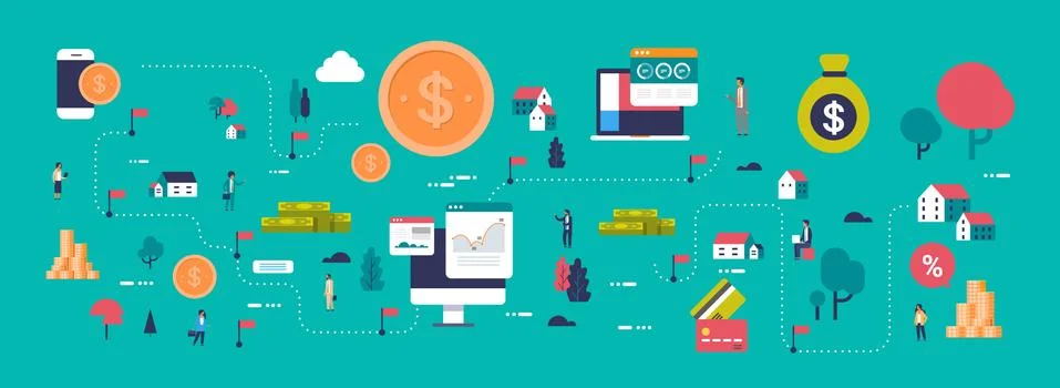 E-commerce map money payment online computer mobile connection application Illustrazione stock