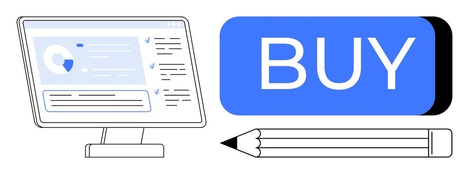 E-commerce marketing concept with computer analytics, buy button, and pencil Stock Illustration